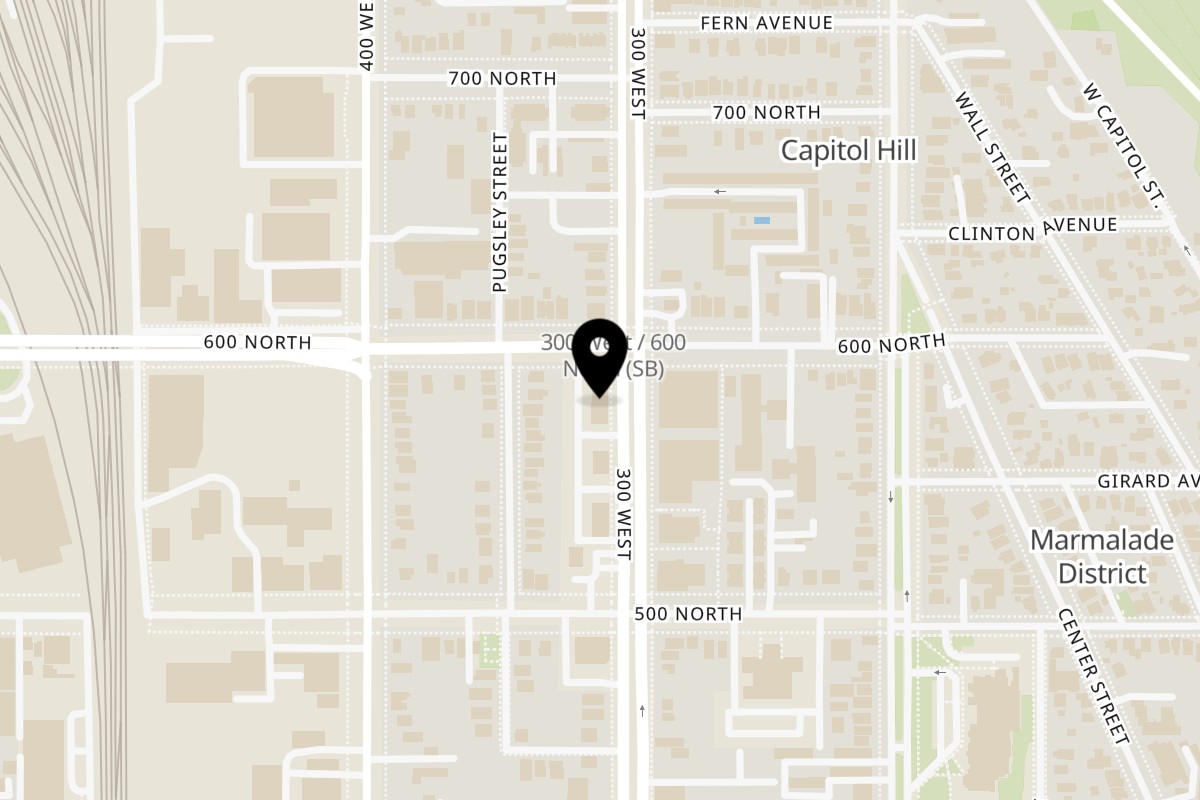 Map showing the location of Vegan Daddy Meats on 569 N 300 W K102 in Salt Lake City